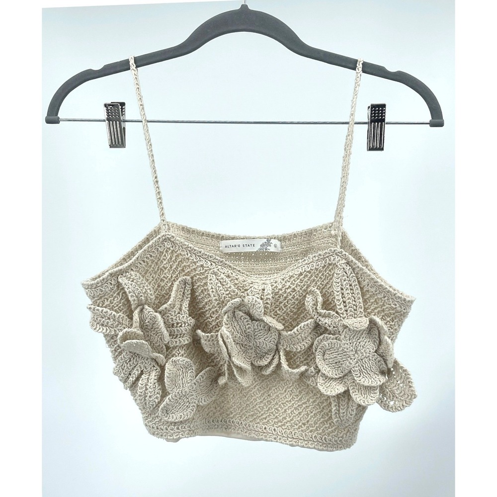 Altar'd State Crochet Crop Top Womens L Beige 3D‎ Floral Applique Cami Boho